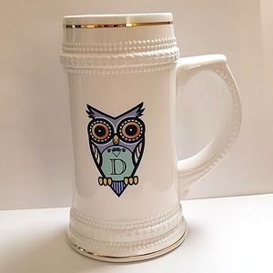 Beer Stein Mug, Owl picture, Color White, Gold border